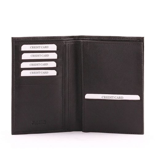 Valódi bőrből készült fekete színű, álló minőségi irattartó pénztárca. Papírpénztartókkal, kártyatartó és oldalra kihajtható rekeszekkel.
