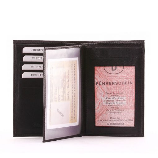 Valódi bőrből készült fekete színű, álló minőségi irattartó pénztárca. Papírpénztartókkal, kártyatartó és oldalra kihajtható rekeszekkel.