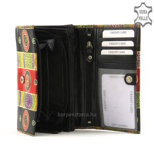 Valódi bőrből készült kézzel festett mintás külsejű S Belmonte bőr női pénztárca praktikus tárolási lehetőségekkel. Divatos modell.