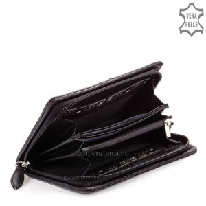 Minőségi, tartós valódi bőrből készült, nagy méretű LA SCALA fekete színű női divat bőr pénztárca. Fedelén bőrrátét díszítéssel.