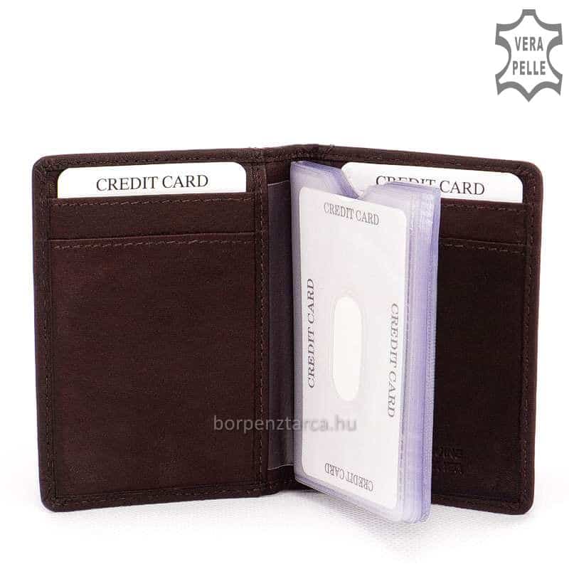 Minőségi precíz munkával valódi bőrből készült álló kialakítású bőr kártyatartó, divatos külsővel és praktikus belsővel. Kedvező áron.