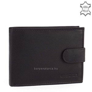 Klasszikus férfi bőr pénztárca minőségi nappa bőrből, fekete színű, fedelének jobb sarkában a La Scala márkanév benyomott logója látható.