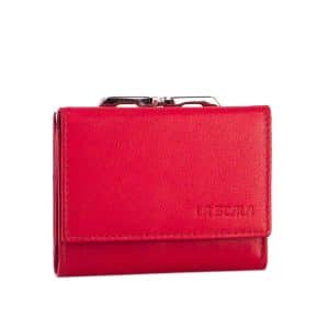 Puha tapintású, finom valódi nappa bőrből készült kis méretű női bőr pénztárca praktikus patentos fedéllel, rajta La Scala felirat.