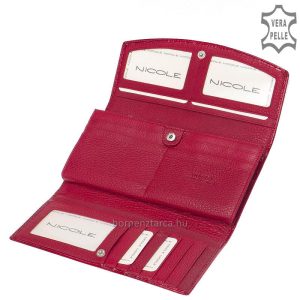 Minőségi fényes lakk, piros, croco bőrből készült, elegáns és dekoratív női pénztárca, fedelén igényes, fém NICOLE márkajelzéssel.