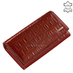 Minőségi fényes lakk, croco bőrből, piros színben készült, elegáns és dekoratív női pénztárca, fedelén igényes, fém NICOLE márkajelzéssel.
