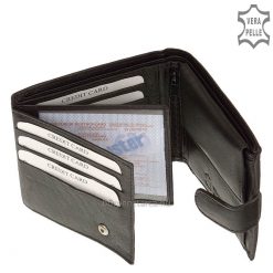 Minőségi nappa bőrből készült klasszikus fekete férfi bőr pénztárca, melynek fedele az S.BELMONTE márkajelzéssel lett ellátva.