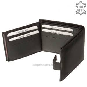 Minőségi nappa bőrből készült klasszikus fekete férfi bőr pénztárca, melynek fedele az S.BELMONTE márkajelzéssel lett ellátva.