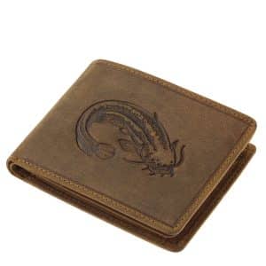 Rendkívül szép és egyedi külső felülettel ellátott robusztus férfi valódi bőr pénztárca, horgász jellegű, minőségi marhabőrből elkészítve.