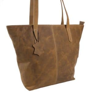 GreenDeed márkás, shopper fazonú barna színű női bőr táska sportos dísztűzéssel, kőmosott hatású minőségi marhabőrből elkészítve.