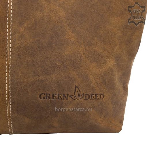 GreenDeed márkás, shopper fazonú barna színű női bőr táska sportos dísztűzéssel, kőmosott hatású minőségi marhabőrből elkészítve.