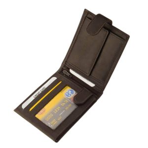 Valódi minőségi bőrből készült klasszikus megjelenésű férfi bőr pénztárca külső patentos átkapcsolóval fekete és barna színben gyártva.