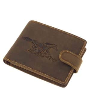 Kitűnő minőségű valódi bőrből készült lovas mintás, barna színű férfi bőr pénztárca RFID védelemmel a GreenDeed termékcsaládból.