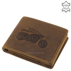 Prémium minőségű díszdobozos, vintage stílusú, mintás férfi bőr pénztárca barna színben, a termék fedelén motoros mintával. GreenDeed márkás.