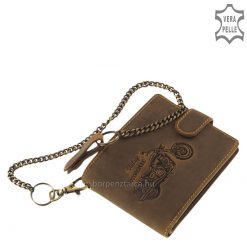 GREEN DEED márkájú, barna színű, hagyományos bőrből készült, praktikus, férfi bőr pénztárca motor mintával, láncos tartozékkal, díszdobozban.