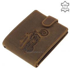 GREEN DEED márkájú, barna színű, hagyományos bőrből készült, praktikus, férfi bőr pénztárca motor mintával, láncos tartozékkal, díszdobozban.
