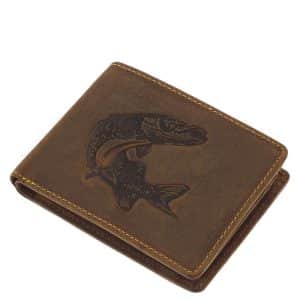 Rusztikus kikészítésű barna bőrből készült praktikus férfi bőr pénztárca modell márkás díszdobozos kivitelben, horgász mintával.