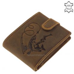Barna színű, prémium minőségű valódi marhabőrből készült, horgász férfi bőr pénztárca fedelén hal mintával díszdobozos kivitelben.