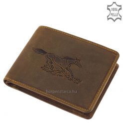 Minőségi GREEN DEED márkajelű, lovas férfi bőr pénztárca valódi marhabőrből legyártva, fedelén egy vágtató ló mintás grafika található.