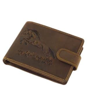 GreenDeed márkajelű, valódi bőr férfi pénztárca minőségi bőrből legyártva, mintás barna színű külsővel. Fedele patenttal zárható.