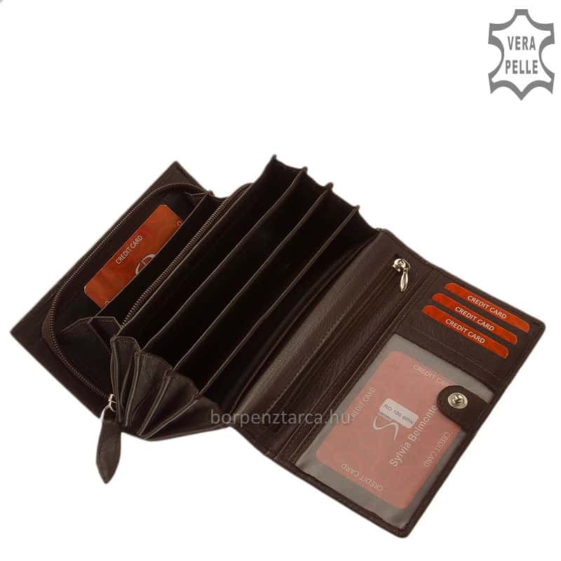 Sylvia-Belmonte-bor-noi-penztarca-rozsamintaval-RO100-BARNA-04 Finom tapintású precíz munkával készült női bőr divat pénztárca rózsa mintás külsővel, nagy méretű modell, tökéletesen illik a női táskához.