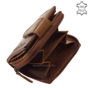 Sajátos megjelenésű, kissé koptatott jellegű, barna színű valódi bőrből készült minőségi női bőr pénztárca. Divatos megjelenésű női modell.