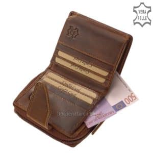 Sajátos megjelenésű, kissé koptatott jellegű, barna színű valódi bőrből készült minőségi női bőr pénztárca. Divatos megjelenésű női modell.