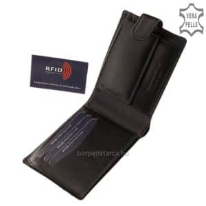 Elegáns selyemfényű bőrből készült, klasszikus kialakítású divatos modellünk ez dekoratív férfi bőr pénztárca RFID védelemmel ellátva.