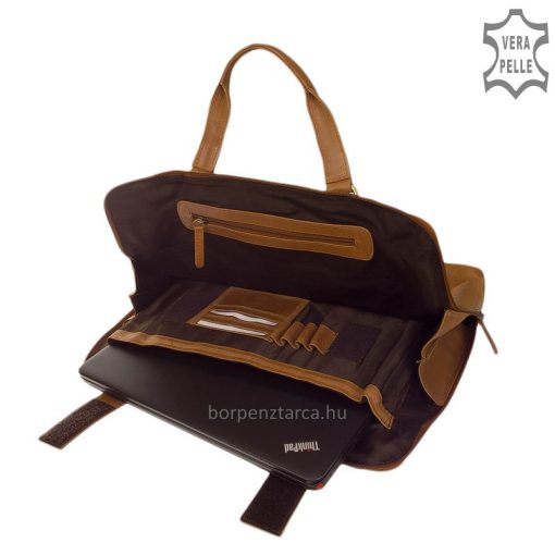Praktikus dupla kézifogóval rendelkező GreenDeed márkás bőr táska, amelyet kiváló minőségű bőrből gyártottunk konyak barna színben.
