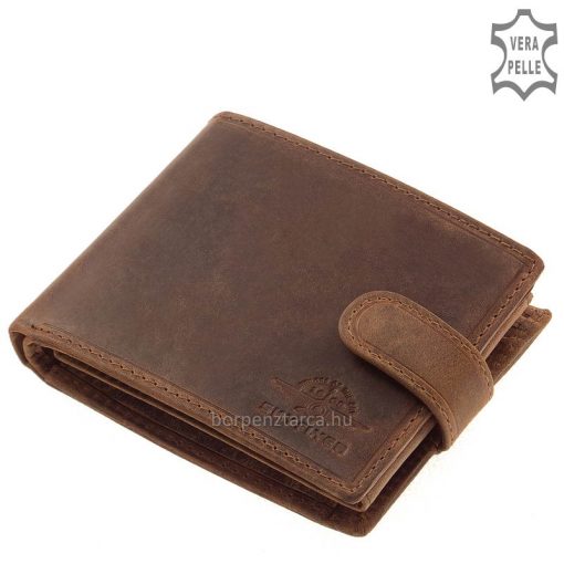 Classic design férfi bőr pénztárca rusztikus valódi bőrből, mely a külső átkapcsolóval zárható, a vintage stílushoz passzoló díszdobozban.