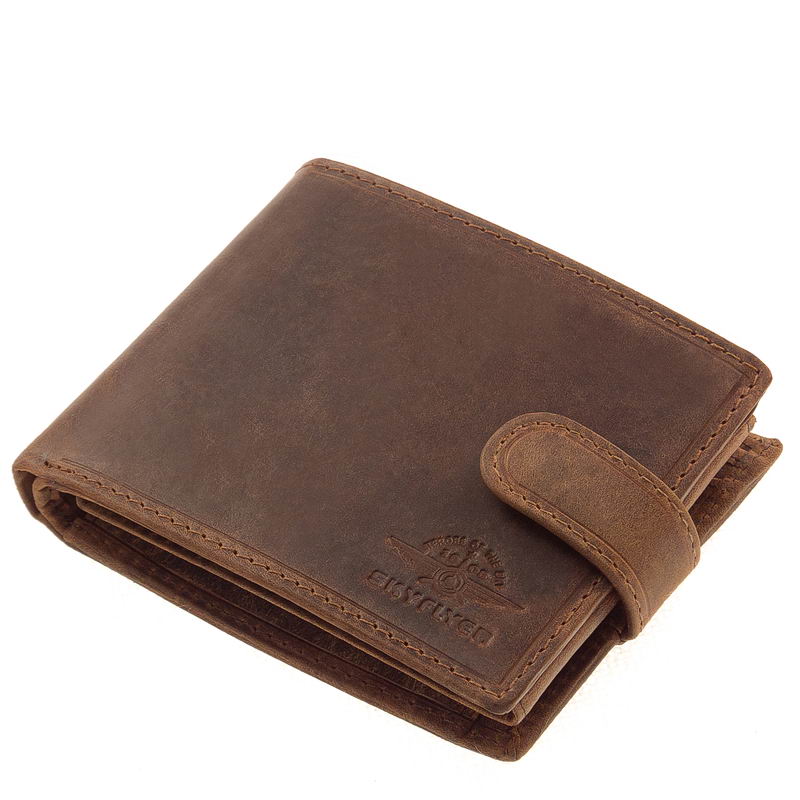 Classic design férfi bőr pénztárca rusztikus valódi bőrből, mely a külső átkapcsolóval zárható, a vintage stílushoz passzoló díszdobozban.