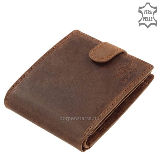 Classic design férfi bőr pénztárca rusztikus valódi bőrből, mely a külső átkapcsolóval zárható, a vintage stílushoz passzoló díszdobozban.
