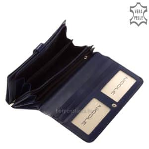 Nicole márkás nagy méretű minőségi női divat bőr pénztárca valódi, selyemfényű bőrből elkészítve. Nicole feliratos díszdobozzal szállítjuk.