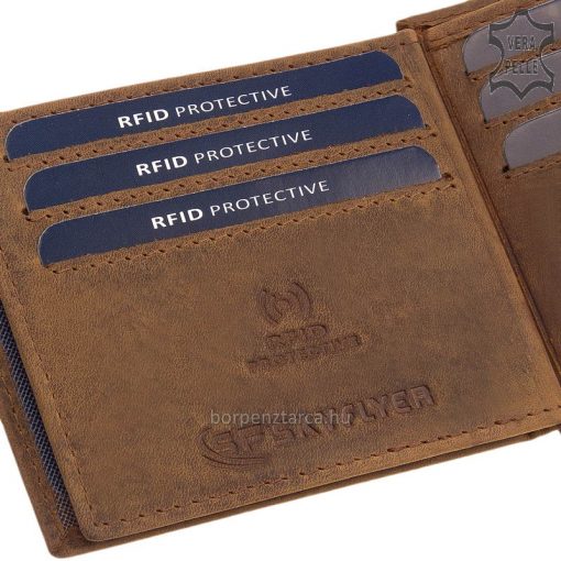 SKYFLYER márkájú, természetes barna színű, valódi bőrből készült egyedi megjelenésű minőségi férfi bőr pénztárca RFID védelemmel.