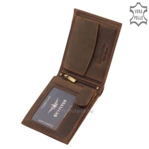 SKYFLYER márkájú, természetes karakterű, barna színű valódi minőségi bőrből készült sportos megjelenésű egyedi férfi bőr pénztárca.