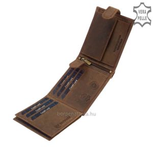 Természetes barna színű, valódi marhabőrből készült sportos stílusú, egyedi mintás bőr pénztárca férfi vásárlóink számára.