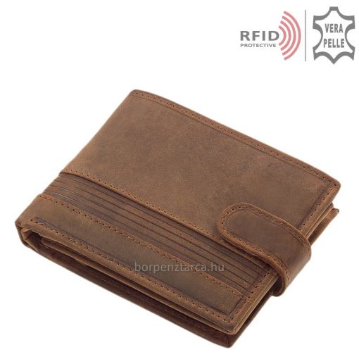 Stílusos barna férfi bőr pénztárca biztonságos RFID védelemmel, karakteres bőrből, a hozzá tartozó díszdobozban kiváló ajándék lehet.