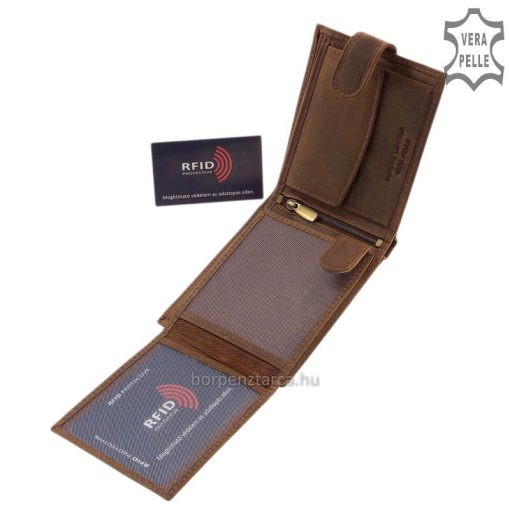 Stílusos barna férfi bőr pénztárca biztonságos RFID védelemmel, karakteres bőrből, a hozzá tartozó díszdobozban kiváló ajándék lehet.