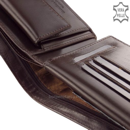 Férfi valódi bőr pénztárca, amelynek fedele patenttal záródó minőségi bőrpánttal rendelkezik és elegáns körbevarrt csíkdísz látható rajta.