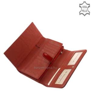 Fényes lakkozott bőrből készült nagy méretű női divat bőr pénztárca, piros felületén krokodil mintázattal többféle változatban.