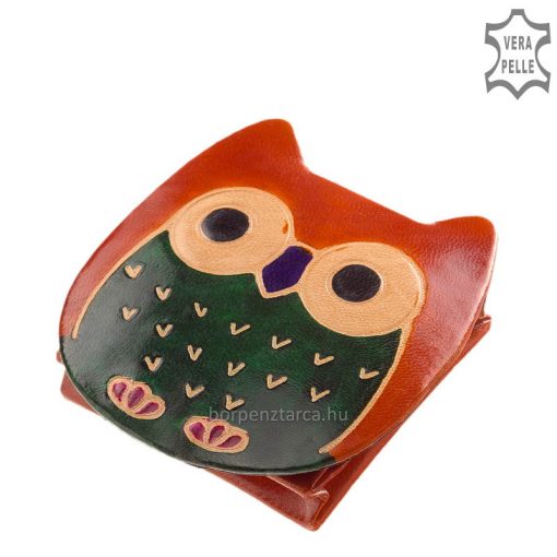 Valódi bőr felhasználásával készült bagoly formájú gyerek bőr pénztárca kézzel festett külsővel, narancssárga színösszeállításban.