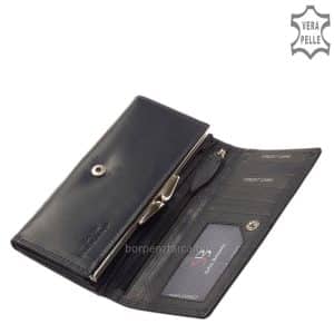 Kívül magas fényű bőrből, belül azonos színű puha nappa bőrből készült, márkás, nagyméretű női bőr pénztárca, aranyszínű fém kellékekkel.