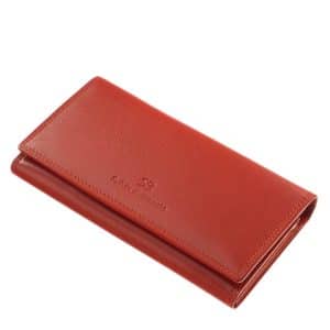 Kívül magas fényű bőrből, belül azonos színű puha nappa bőrből készült, márkás, nagyméretű női bőr pénztárca, aranyszínű fém kellékekkel.