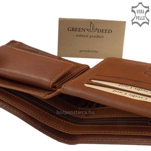 Első osztályú, minőségi bőrből készült GreenDeed, klasszikus barna színű férfi bőr pénztárca sportosan elegáns külsővel.