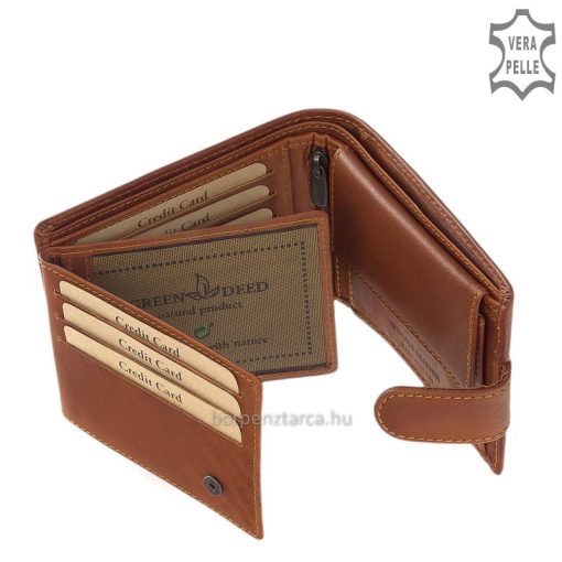 Kiváló, minőségi alapanyagból legyártott elegáns GreenDeed férfi bőr pénztárca a klasszikus tárcákra jellemző barna színben és kialakításban.
