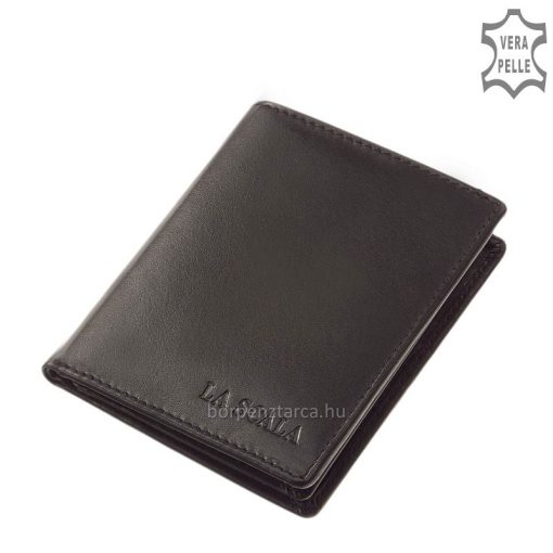 Minőségi valódi bőr felhasználásával készült praktikus elrendezésű, slim wallet (lapos) típusú La Scala bőr pénztárca fekete színben.