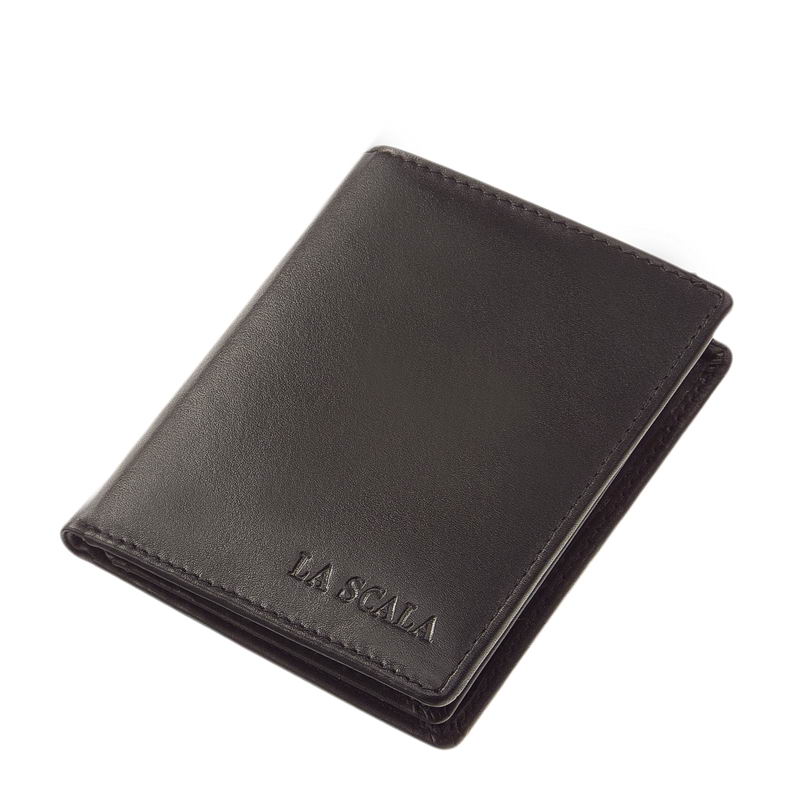 Minőségi valódi bőr felhasználásával készült praktikus elrendezésű, slim wallet (lapos) típusú La Scala bőr pénztárca fekete színben.