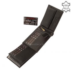 Természetes karakterű valódi minőségi bőrből gyártott, divatos férfi bőr pénztárca, elegáns fekete színben. Csíkbetéttel díszített termék.