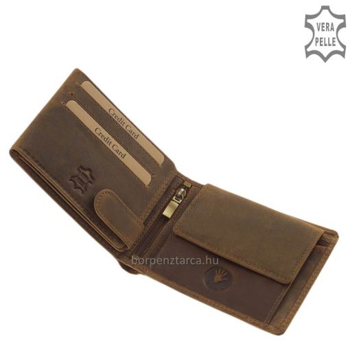 Kitűnő minőségi gyártással készült valódi bőr használatával ez a vintage jellegű, barna színű vadász bőr pénztárca. GreenDeed márkás termék.