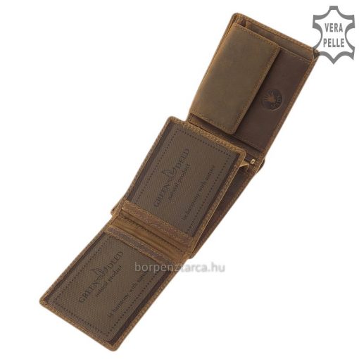 Kitűnő minőségi gyártással készült valódi bőr használatával ez a vintage jellegű, barna színű vadász bőr pénztárca. GreenDeed márkás termék.