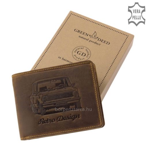 GreenDeed márkás egyedi autó mintás férfi bőr pénztárca, mely rusztikus barna színű, igazi bőrből készült. Díszdobozos pénztárca modell!